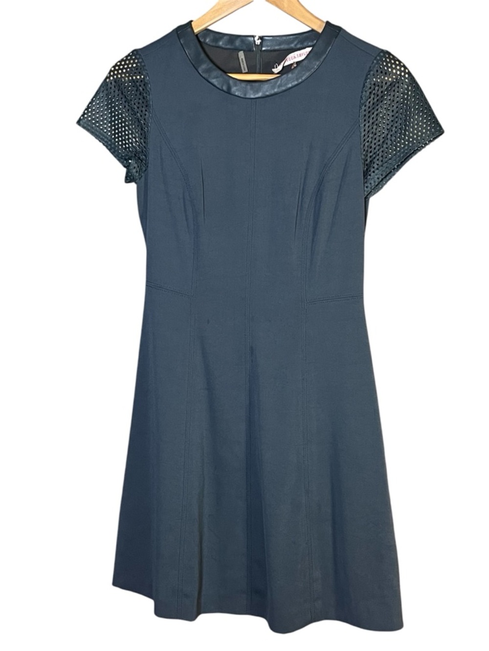 REBECCA TAYLOR  Dress Leather Perforated Sleeve Blue-Grey Fit & Flare Size 2